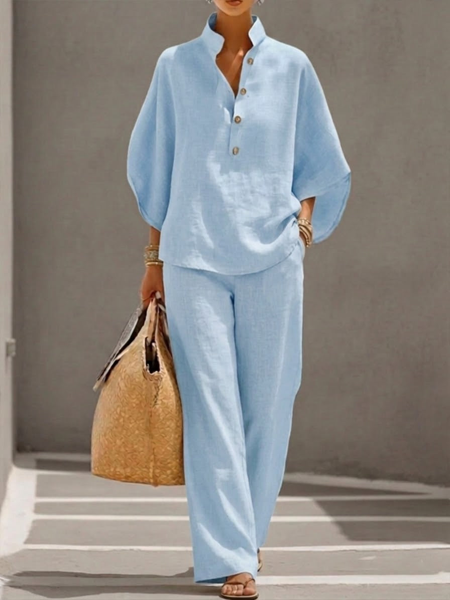 Eszter – Cotton-linen set with batwing sleeves and wide-leg trousers – image 2