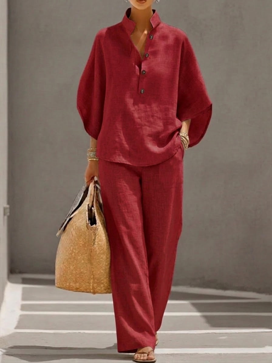 Eszter – Cotton-linen set with batwing sleeves and wide-leg trousers – image 6