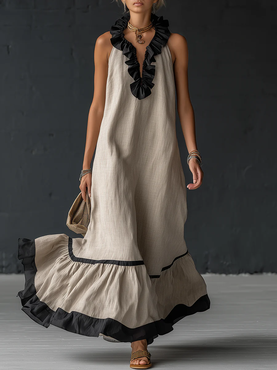 Elegant and romantic maxi dress with ruffles and colour-block panels – image 4
