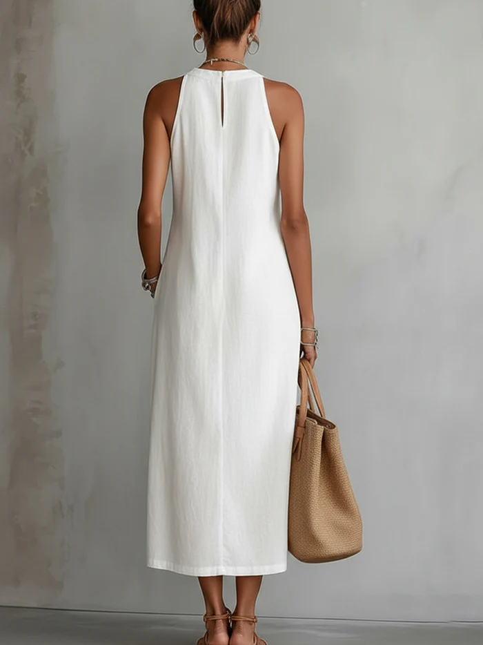 Bianca – Linen Midi Dress with Mandarin Collar – image 3