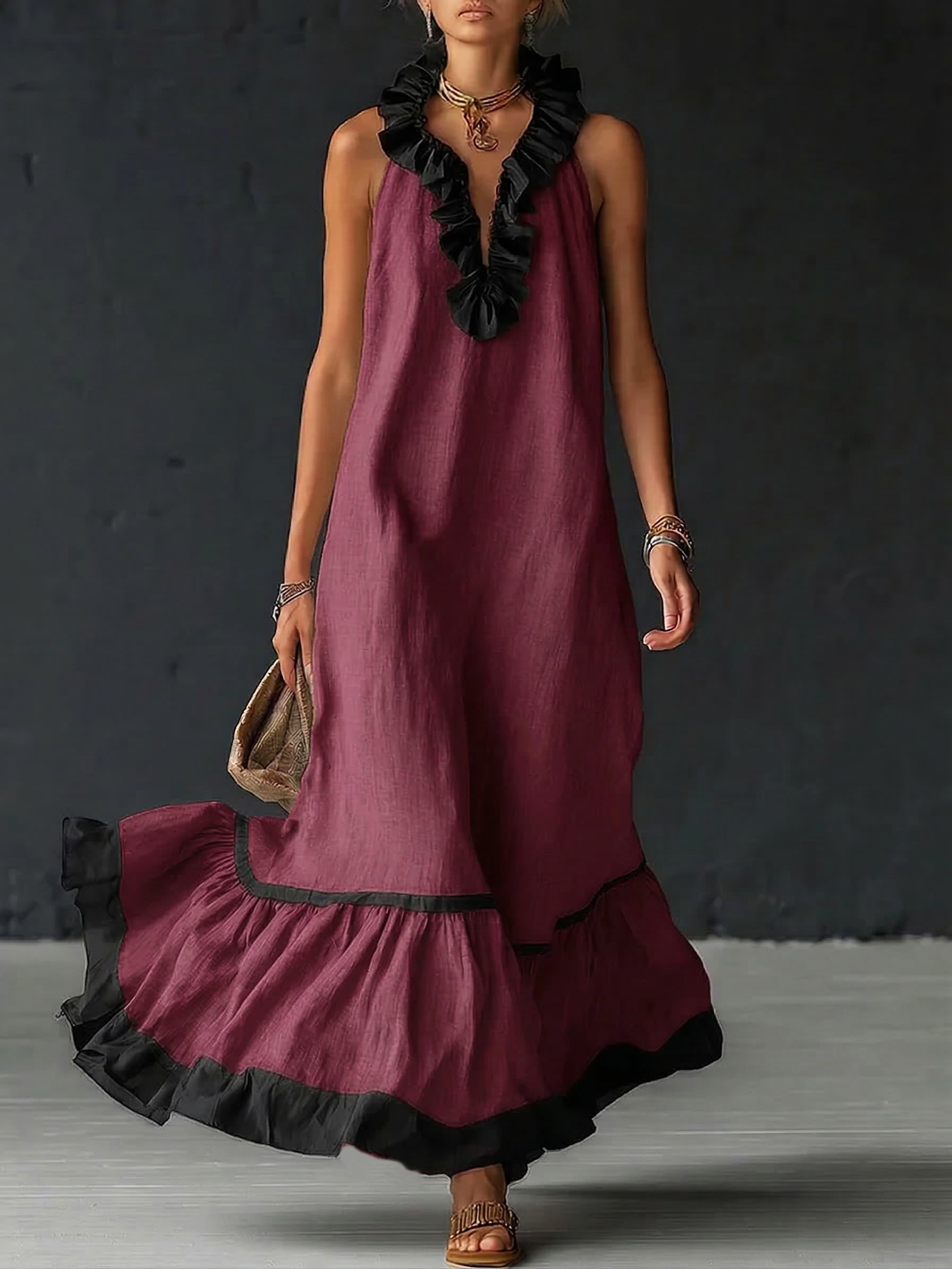 Elegant and romantic maxi dress with ruffles and colour-block panels – image 7