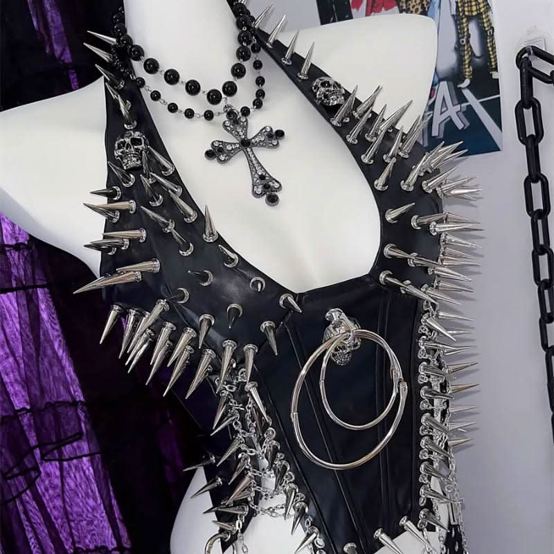 Halter PU leather o ring rivet applique metal chain top – image 2