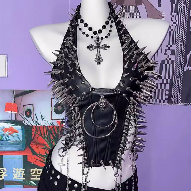Halter PU leather o ring rivet applique metal chain top – image 4