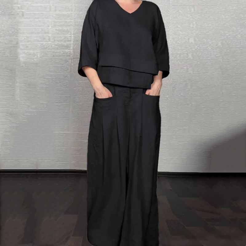 Liza – 2-piece cotton-linen set – V-neck top and wide-leg trousers – image 1