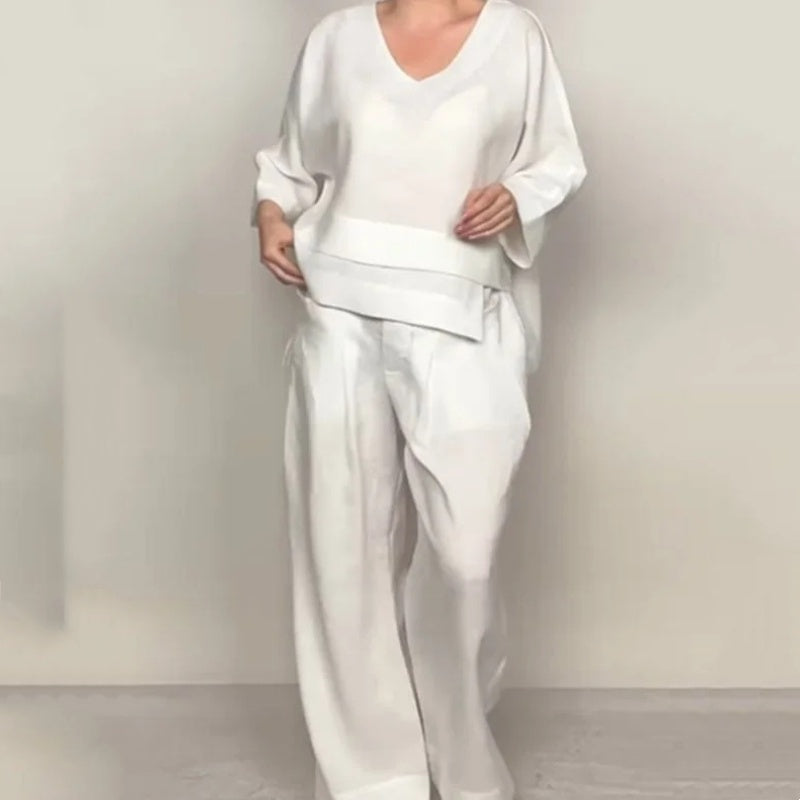 Liza – 2-piece cotton-linen set – V-neck top and wide-leg trousers – image 3