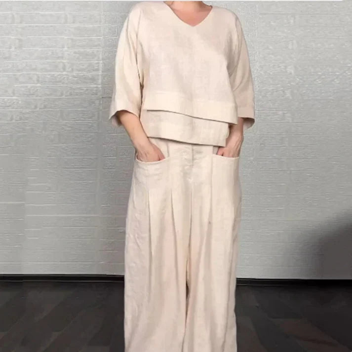 Liza – 2-piece cotton-linen set – V-neck top and wide-leg trousers – image 11