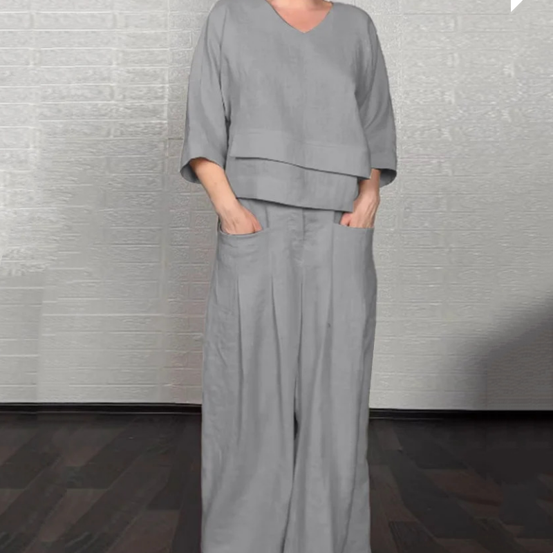 Liza – 2-piece cotton-linen set – V-neck top and wide-leg trousers – image 5