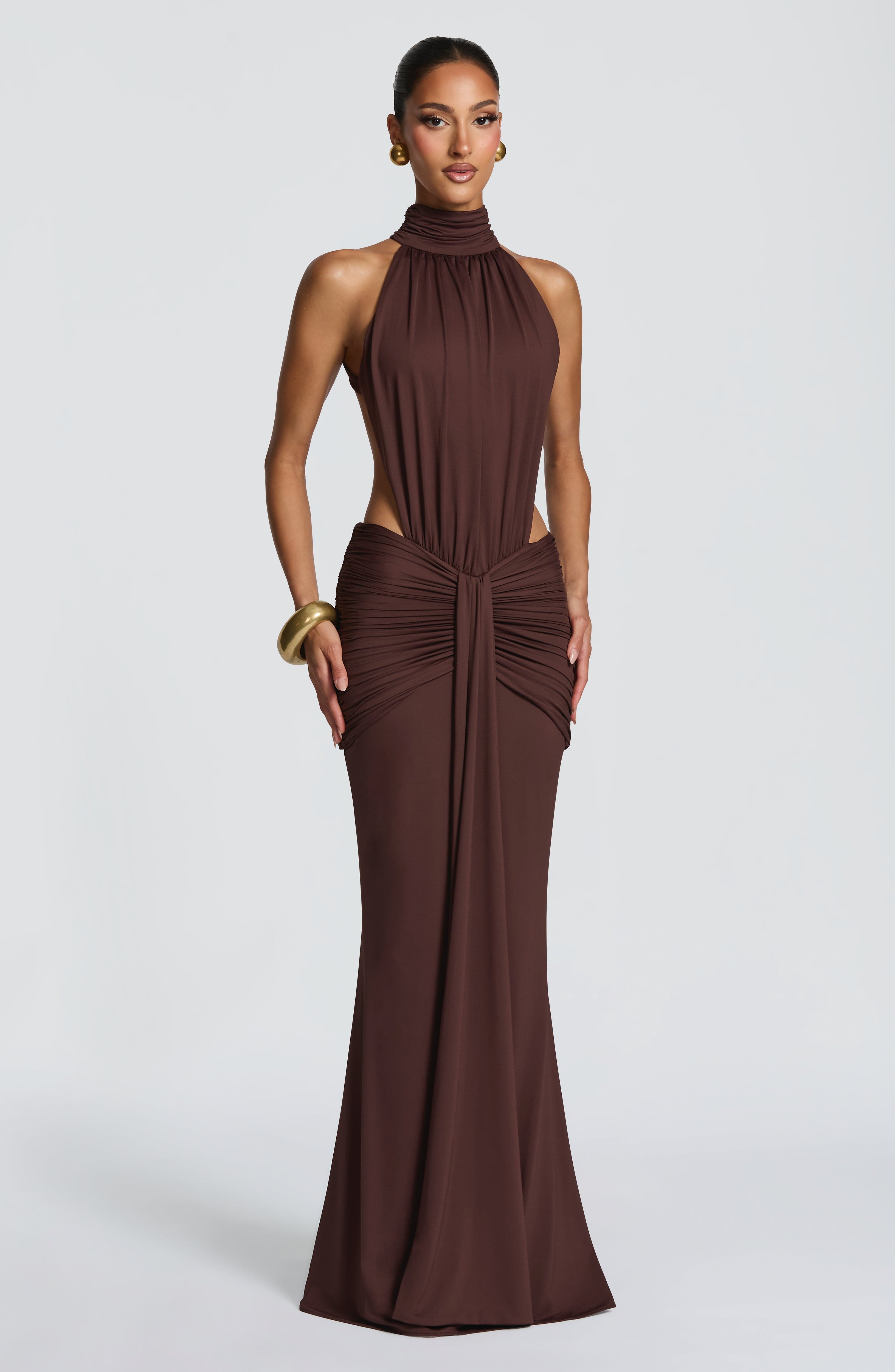 Plum brown halterneck maxi dress